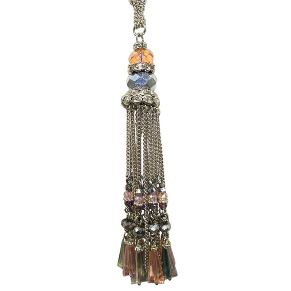 Crystal Chandelier Tassel Pendant Necklace, Soft Pink and Grey on Silver Tone - Picture 2 of 6